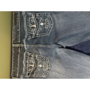 Rhythm in Blues Embroidered Flap Pocket Rhinestone Stretch Denim Jeans